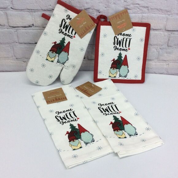 4 Pc Kitchen Set “Gnome Sweet Gnome” Christmas 2 Towels/1 Oven Mitt/1 Pot Holder - Picture 1 of 8